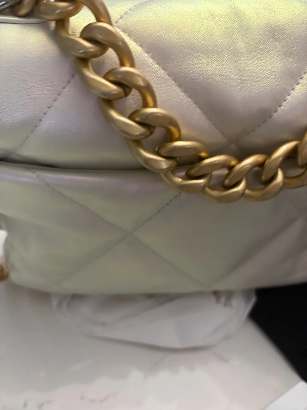 Authentic Chanel 19 Flap Bag Medium – Iridescent White Pearlescent Calfskin